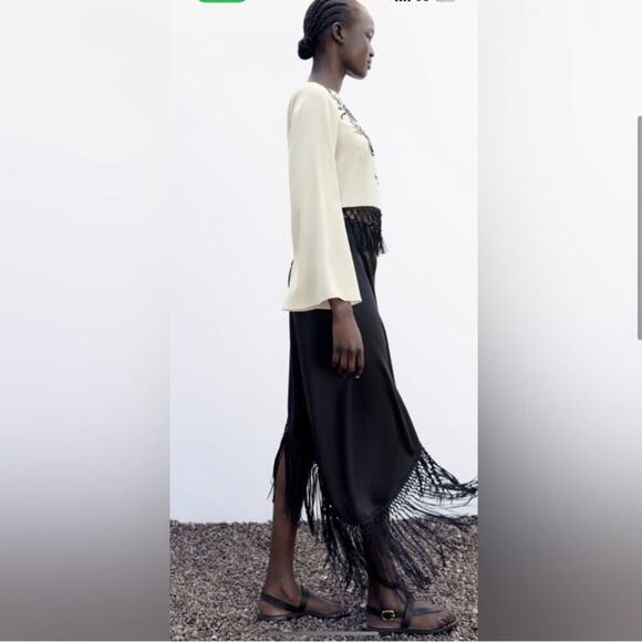Zara Black Fringed Satin Effect Skirt - Picture 9 of 16